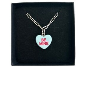 Conversation Hearts Be Mine Blue Heart Charm Silver Dainty Necklace Chain